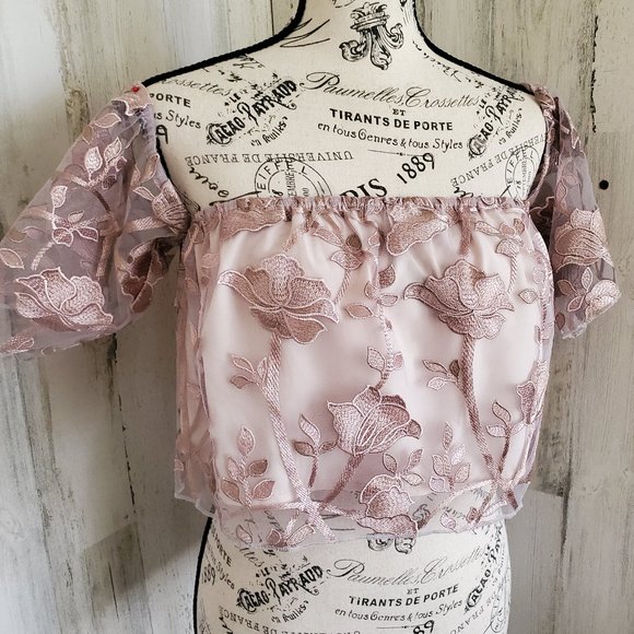 NWOT TOBI ROSE GOLD LACE OFF SHOULDER CROPPED TOP - Picture 2 of 9